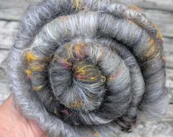 Carded Art Batt, for spinning and felting, wool and silk blend, grey.