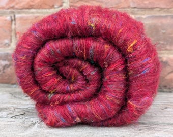 Carded Art Batt, for spinning and felting, Merino and Sari Silk blend, Deep Red