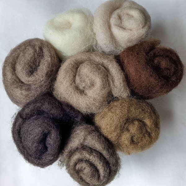 Needle Felting Palette, Carded NZ wool, Earth and Brown Tones, 8 Colours, 100 grams (3.5oz)