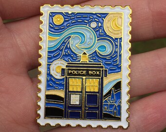 Doctor Who Tardis Enamel Pin - Metal Enamel Pin Badge Van Gogh Starry Night Inspired Stamp Police Box Time Travel TV Film Gift Idea