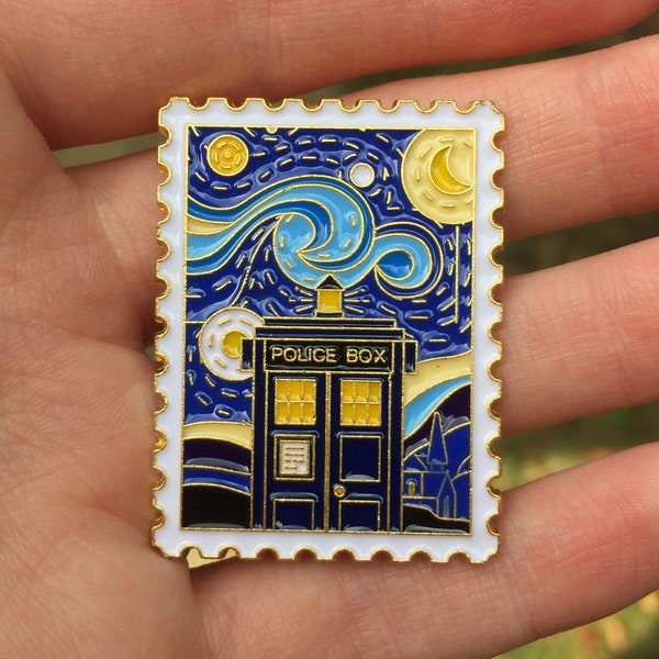 Doctor Who Tardis Enamel Pin - Metal Enamel Pin Badge Van Gogh Starry Night Inspired Stamp Police Box Time Travel TV Film Gift Idea