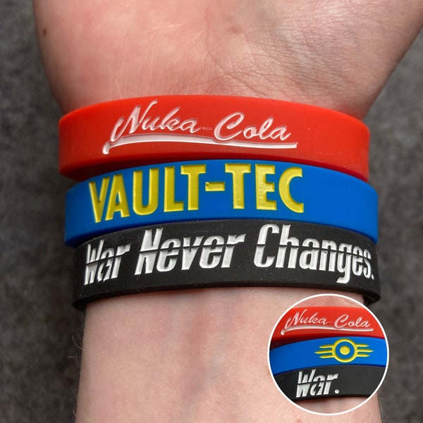 Fallout-Silikon-Armband-Set (3er-Pack) – von Fallout inspirierter War Never Changes Vault Tec Nuka Cola Wasteland Jewellery