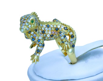 18k Gold 4.30ct Natural Diamond Lizard Ring with Emerald Eyes