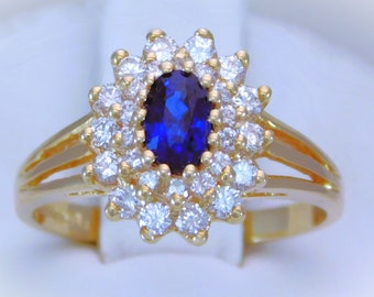 14k Gold Natural AA Sapphire and Diamond Double Halo Ring