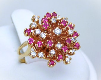 Vintage 18k Gold Natural Ruby and Diamond Cluster Ring