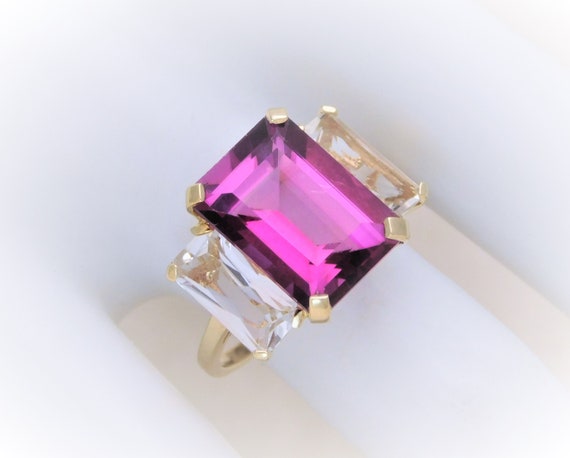 Vintage Dark Pink and White Topaz Three Stone Ring - image 1