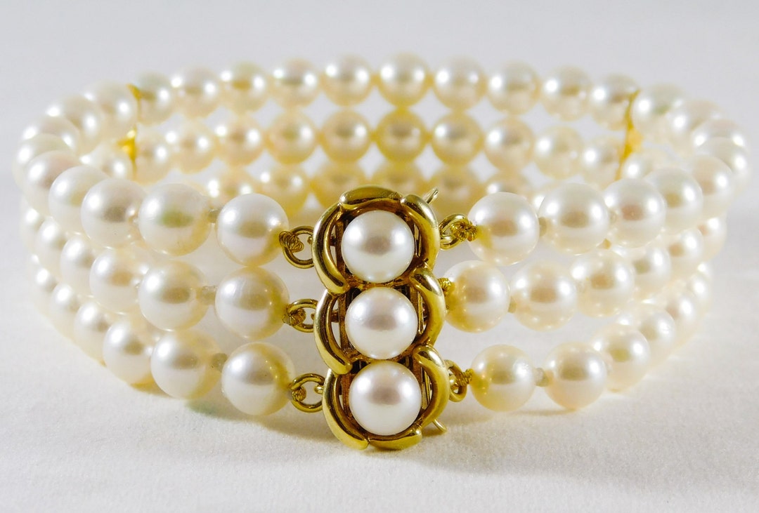 Vintage 14k Gold and Lustrous 3strand White Pearl Bracelet Etsy