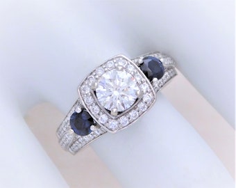 14k White Gold Natural Round Brilliant Diamond and Sapphire Engagement Ring