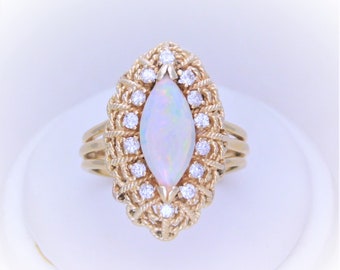 Vintage 14k Gold Marquise Opal and Diamond Halo Ring