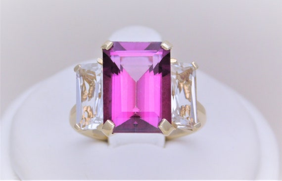 Vintage Dark Pink and White Topaz Three Stone Ring - image 2