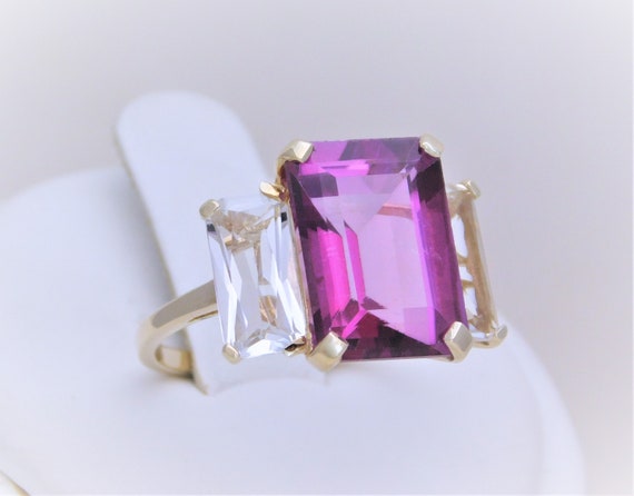 Vintage Dark Pink and White Topaz Three Stone Ring - image 3