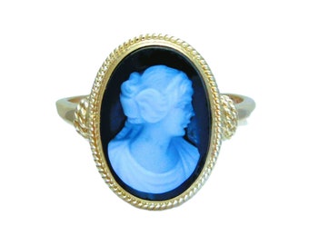 14k Gold Hand Carved Cameo Black Onyx Ring