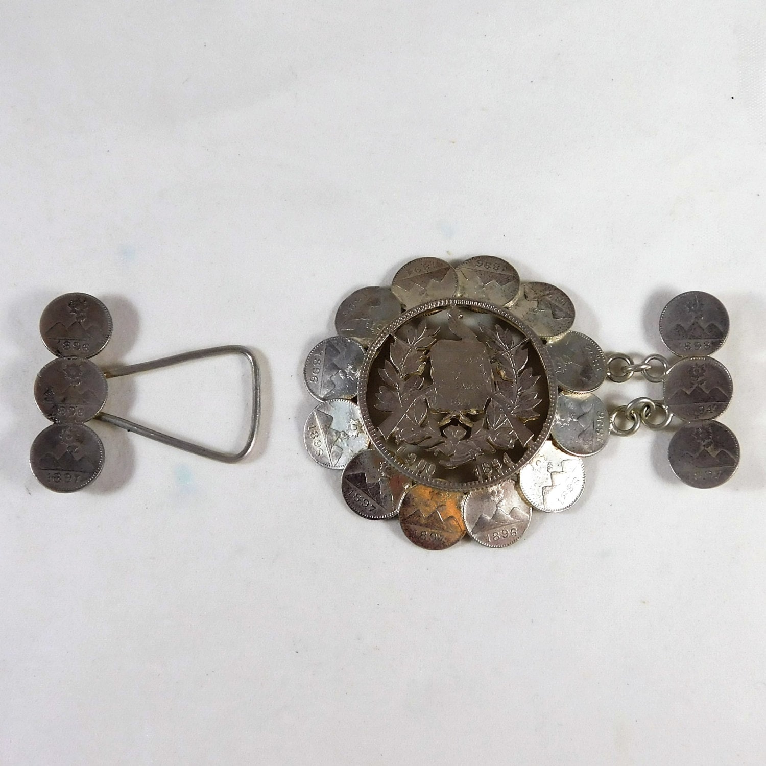 Sterling Silver 9.25 Guatemala Antique Belt Buckle Antique Silver Belt Buckle With Rare 1896 Guatemala 1/4 Real  main image 4