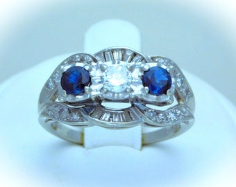 Art Deco 14k White Gold Sapphire and Diamond Cocktail Ring