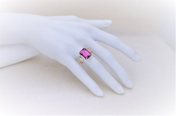 Vintage Dark Pink and White Topaz Three Stone Ring - image 7