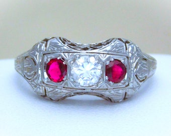 Art Deco 18k White Gold Diamond and Spinel Cocktail Ring