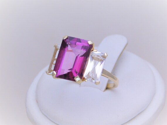 Vintage Dark Pink and White Topaz Three Stone Ring - image 4