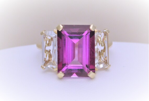 Vintage Dark Pink and White Topaz Three Stone Ring - image 8