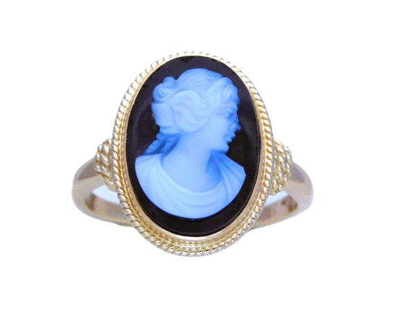 14k Gold Hand Carved Cameo Black Onyx Ring - image 6