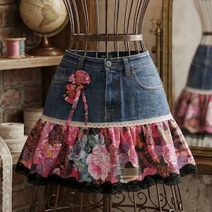 Peut inclure: Jupe en jean avec un bas à motifs floraux et un accent floral décoratif. La jupe présente un haut en jean bleu avec un imprimé floral rose, violet et noir en bas, bordé de dentelle.