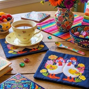 Puede incluir: Una mesa decorada con una taza y platillo florales, un cuenco de bayas y un jarrón de flores coloridas. Se ven dos posavasos azules bordados con diseños de gallos, junto con un mantel individual a rayas arcoíris.