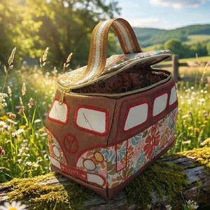 May include: A brown and floral patterned lunch bag shaped like a vintage van, with a gold zip and a striped handle. The bag has white window details and a peace sign on the front, with the word "LOVE" on the bottom.