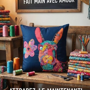 Peut inclure: Coussin décoratif bleu marine fait main avec un appliqué d'âne coloré et un motif floral. L'image montre également des bobines de fil, du tissu et le texte "ARTISANAT EXCLUSIF - PIÈCE UNIQUE - FAIT MAIN AVEC AMOUR" et "ATTRAPEZ-LE MAINTENANT! ÉDITION LIMITÉE".
