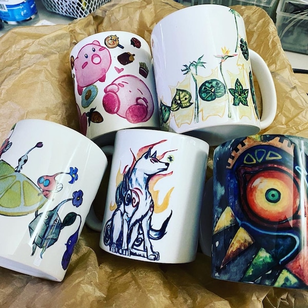 11oz Ceramic mugs, video game mug, Kirby mug, Okami mug, Korok mug, Pikmin mug, Majora’s Mask mug