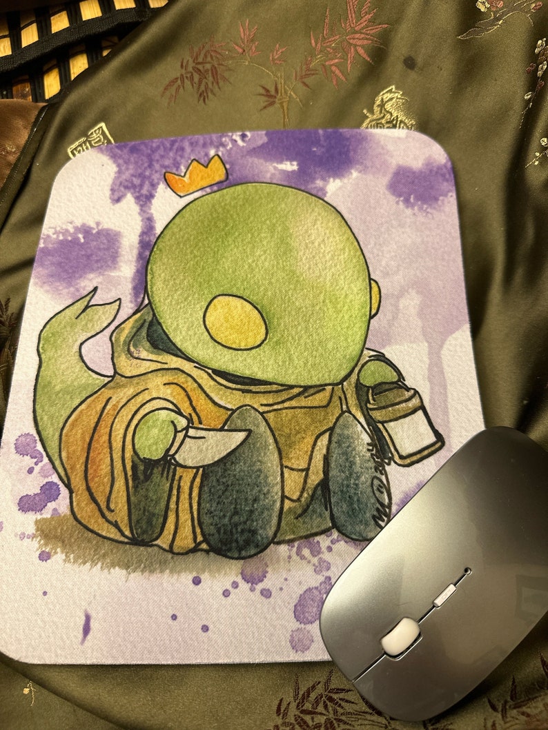 May include: A watercolor illustration of a green creature wearing a brown robe and a gold crown. The creature is holding a knife and a lantern. The background is a purple watercolor wash.