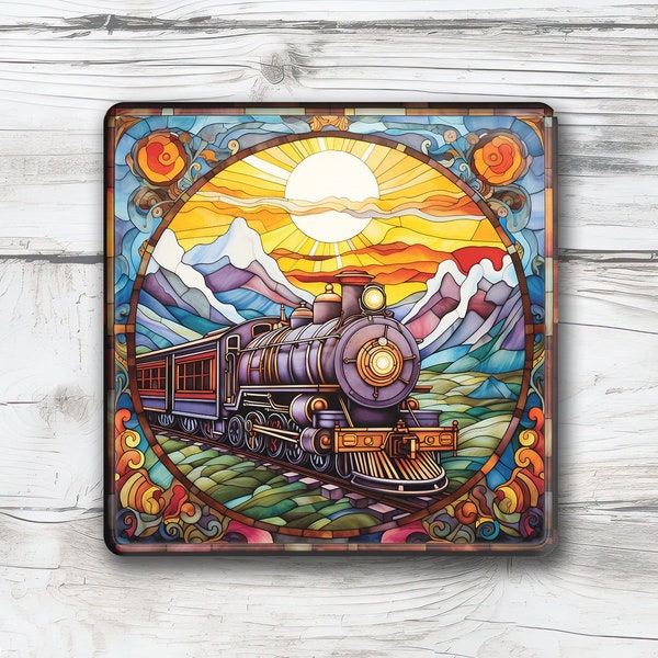 Stained Glass Train Square Coaster Sublimation PNG, Digital Download