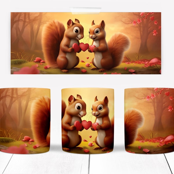 Valentines Day Squirrels in Love Wrap PNG, Digital Design Download PNG, Full Wrap Coffee Mug 11 oz 15 oz, Woodland Creatures and Hearts