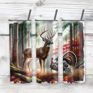 Sublimation de chasse au chevreuil et au dindon PNG, design de gobelet skinny 20 oz, fichier de téléchargement numérique de chasse d'automne, cadeau de chasseur
