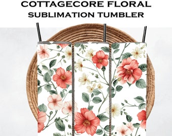 Cottagecore Vintage Floral Sublimation Tumbler PNG, 20 oz Skinny Tumbler Design, Digital Download File