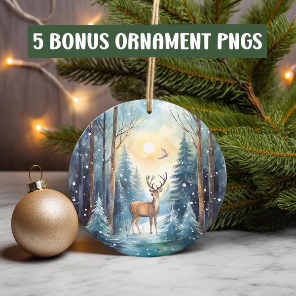 Deer in Snowy Forest Christmas Ornament PNG for Sublimation Ornaments Coasters