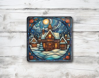 Stained Glass Christmas Cottage Square Coaster Sublimation PNG, Digital Download, Winter Cozy House