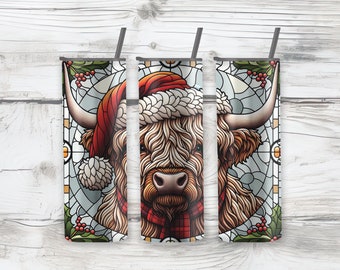 Christmas Highland Cow Stained Glass Tumbler Wrap PNG, Digital Design Download PNG, Skinny 20 oz Tumbler, Cute Cow in Santa Hat