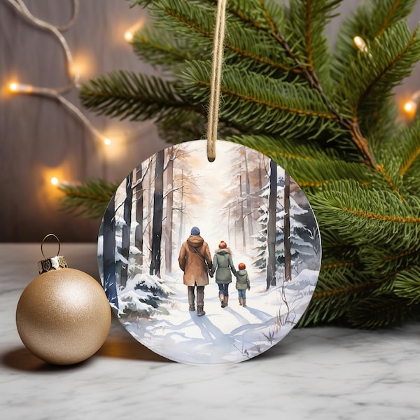 Family of 3 Walking in Forest Christmas Ornament PNG for Sublimation Ornaments Coasters, Family Ornament