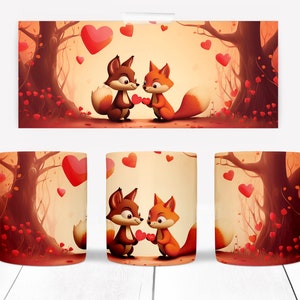 Valentines Day Foxes in Love Wrap PNG, Digital Design Download PNG, Full Wrap Coffee Mug 11 oz 15 oz, Woodland Creatures and Hearts image 1