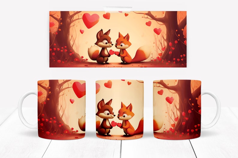 Valentines Day Foxes in Love Wrap PNG, Digital Design Download PNG, Full Wrap Coffee Mug 11 oz 15 oz, Woodland Creatures and Hearts image 1