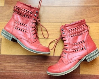 Red Lace up Boots with Woven Detail Size 7