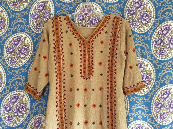 Beige Indian Tunic Dress with Floral Embroidery
