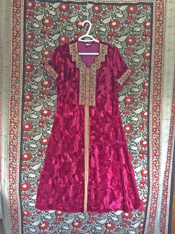 Red Velvet Indian Tunic Dress with Gold Embroidery