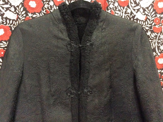Brocade Faux Sherpa Lined Mandarin Collar Coat