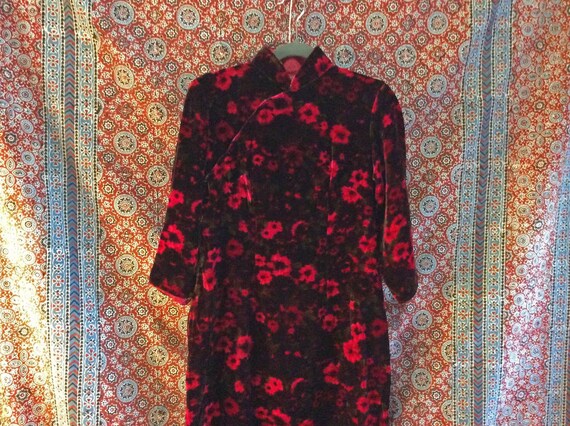 Silk Velvet Floral Mandarin Collar Cheongsam Dress