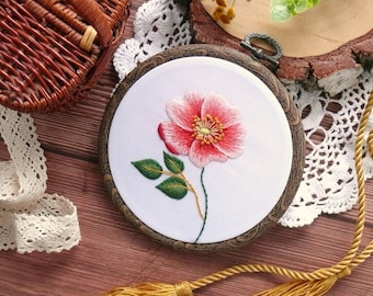 Hand embroidered wall decor, hoop art with a wild rose flower, rustic style home decor for living room, new home gift idea