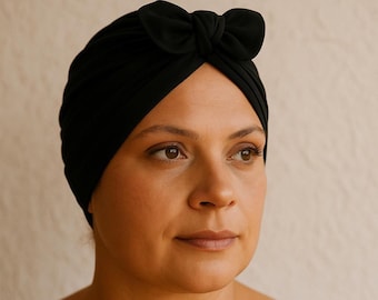 Elegant Black Swim Turban, Quick Dry Bow Cap for Pool, Beach & Spa, Handmade Headwrap Adults and Kids