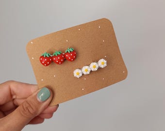 2 Piece Clip Set, Strawberry & Daisy, Handmade Fruit, Flower Hair Clips