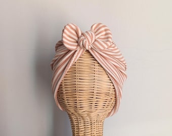 Striped pink and white elastic turban with bow - From New Born to adult -Autumn Collection