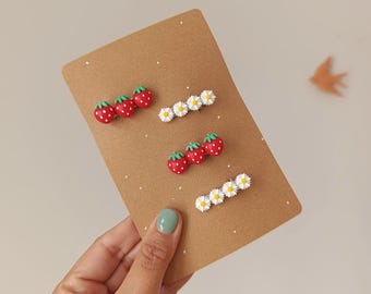 4 Piece Hair Clip Set – Strawberries & Daisies – Handmade Summer Edition