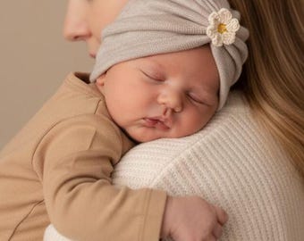 Premium Tricot Baby Turban with handmade crochet Daisy